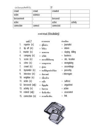 ประโยคและศัพททั่วไป 37
crowd crowd crowded
victim victimize
bereavement - bereaved
active - active activity
connection connect connected
ภาคคําศํพท :(Vocabulary)
บทที่ 7 ความหมาย คําเหมือน
1. reporter (n.) = ผูสื่อขาว = journalist
2. tip off (vt.) = ใหขาว = inform
3. murder (n.) = ฆาตกรรม = slaying, killing
4. company (n.) = บริษัท = business
5. scene (n.) = สถานที่ที่เกิดเหตุ = site, location
6. crime (n.) = อาชญากรรม = wrongdoing
7. crowd (n.) = ฝูงชน = assemblage
8. bystander (n.) = คนที่สัญจรผานไปมา = passerby
9. interview (vt.) = สัมภาษณ = interrogate
10. neighbor (n.) = เพื่อนบาน
11. victim (n.) = เหยื่อ = sufferer
12. bereaved (adj.) = ที่สูญเสีย = anguished
13. activity (n.) = กิจกรรม = action
14. related (adj.) = ซึ่งเกี่ยวของ = associated
15. connection (n.) = ความเกี่ยวของ = link
 