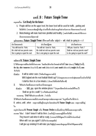 ประโยคและศัพททั่วไป 38
บทที่ 8 : Future Simple Tense
อนุเฉทเรื่อง Get Ready for the future
1. People will live on the upper level, the lower level will be used for traffic , parking and
factories. ( คนจะอาศัยอยูในที่สูง สวนพื้นที่ระดับต่ําจะถูกใจสําหรับจราจร ที่จอดรถและโรงงาน)
2. Biotechnology will make food more plentiful and healthy. ( เทคโนโลยีชีวภาพจะทําใหอาหาร
มีหลากหลายและมีสุขภาพ)
รูปแบบของ Future Simple Tense: มีโครงสรางคือ subject + will, shall, be going to + v.1
ประโยคบอกเลา ประโยคปฏิเสธ ประโยคคําถาม
You will travel to Paris.
We shall visit our parents soon.
She is going to repair the roof.
You will not travel to Paris.
We shall not visit our parents soon.
She is not going to repair the roof.
Will you travel to Paris ?
Shall we visit our parents soon?
Is she going to repair the roof?
หลักการใช Future Simple Tense
1. ใชกับเหตุการณที่จะเกิดขึ้นในอนาคต โดยมีจะมีคํากริยาวิเศษณ ตอไปนี้ later (ตอมา), Today (วันนี้),
the day after tomorrow (วันมะรืนนี้), next week (สัปดาหหนา) ,next month (เดือนหนา), tonight (คืนนี้), soon
(ในไมชา)
ตัวอยาง It will be winter soon. ( ใกลจะถึงฤดูหนาวแลว)
Will England win the next football World cup? ( อังกฤษจะชนะการแขงฟุตบอลครั้งหนาหรือไม)
I shall be there in a few minutes. ( ฉันจะไปที่นั่นอีกไมกี่นาที)
2. ใชกับประโยคที่แสดงการขอรองหรือขออนุญาต
ตัวอยาง - Will you open the window please ? (กรุณาเปดหนาตางหนอยไดไหม?)
- Shall we go for a walk? ( เราไปเดินเลนกันไหม)
หมายเหตุ Shall ใชกับประธานคือ we , I เทานั้น
3. ใชกับประโยคที่แสดงอนาคตที่ประกอบดวยเหตุการณสองเหตุการณ ในรูปเงื่อนไข ที่มี คําวา
If, unless, until , when เหตุการณที่อยูในอนุประโยคหลักจะใช Future Simple และ เหตุการณที่อยู
ใน
อนุประโยครองใช Present Simple หรือ Present Perfect คําเชื่อมที่นํามาใชเชื่อมสองเหตุการณใน
อนาคต ไดแก I don’t’ know if I will be there. ( ผมไมรูวาผมจะอยูที่นั้นหรือไม)
They haven’t said when it will be ready. ( พวกเขาไมไดพูดอะไรวาเมื่อไหรจะพรอม)
When will I see you again? ( เมื่อไหรจะเจอคุณอีก)
I will give up smoking if it will make you happy.( ผมจะเลิกสูบบุหรี่ถาทําใหคุณสบายใจ)
 