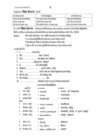 ประโยคและศัพททั่วไป 42
1.รูปแบบ Must, have to มีดังนี้
ประโยคบอกเลา ประโยคปฏิเสธ ประโยคคําถาม
You must go immediately.
I have to go now
She has to leave now.
You must not go immediately.
I don’t have to go now
She doesn’t have to leave now.
Must go immediately.
Do I have to go now
Does she have to leave now.
2. การใช Must, have to จะใชแทนกันไดในลักษณะกริยาชวยถึงความจําเปน ( necessity/ obligation)
Must จะใชในกาลปจจุบันเทานั้นเมื่อใชกับประโยคในอดีตใหเปลี่ยน must เปน had to
ตัวอยาง We must stay here for a while because it is heavily raining.
( เราจะตองอยูที่นี้สักพักหนึ่งเพราะฝนกําลังตกหนัก)
Yesterday we had to stay there because of the rain.
( เมื่อวานนี้ เราจะตองอยูที่นั้นพักหนึ่งเพราะฝนกําลังตกหนัก)
แบบฝกหัดที่2:
1. I………………….eat to live.
2. We…………………………now. ( leave)
3. Sue………………………not ignore her children.
4. …………………….Judy go to college?
5. It……………………….be cold tonight.
6. Workers……………………….go for strike. ( not)
7. You…………………………come and see what happened yesterday.
8. All my cats …………………be hungry now.
9. All creature……………………………die.
10. ……………………………Wandee have to go to Pattani tomorrow?
ภาคคําศํพท :(Vocabulary)
บทที่ 8 ความหมาย คําเหมือน
1. safe (adj.) = ปลอดภัย = secure, not dangerous
2. vehicle n.() = พาหนะ = conveyance
3. automatically
(adv.)
= โดยอัตโนมัติ = mechanically
4. scarce (adj.) = หายาก, ขาดแคลน = insufficient
5. floating (adj.) = ลอยน้ํา = hovering, flying
6. plentiful (adj.) = มากมาย, อุดมสมบูรณ = abundant, plenty, in great supply
7. healthy (adj.) = สุขภาพแข็งแรง
สมบูรณ
= strong, vigorous
8. affect (vt.) = มีผลตอ = influence
9. disease (n.) = โรค, เชื้อโรค = illness
10. develop (vt.) = พัฒนา, ทําใหกาวหนา = extend
 