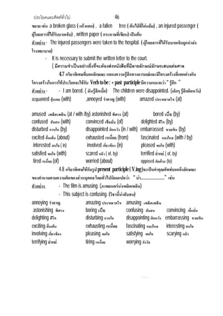 ประโยคและศัพททั่วไป 46
ขยาย เชน a broken glass ( แกวแตก) , a fallen tree ( ตนไมที่โคนลม) , an injured passenger (
ผูโดยสารที่ไดรับบาดเจ็บ) , written paper ( กระดาษที่เขียน) เปนตน
ตัวอยาง - The injured passengers were taken to the hospital. ( ผูโดยสารที่ไดรับบาดเจ็บถูกนําสง
โรงพยาบาล)
- It is necessary to submit the written letter to the court.
( มีความจําเปนอยางยิ่งที่จะตองสงหนังสือที่มีลายลักษณอักษรเสนอตอศาล
4.7 กริยาพิเศษที่บอกลักษณะ แสดงความรูสึกทางอารมณและมีโครงสรางที่แตกตางกัน
โครงสรางในการใชประโยคจะใชกับ Verb tobe : +past participle มีความหมายวา“ รูสึก ”
ตัวอยาง - - I am bored. ( ฉันรูสึกเบื่อ) The children were disappointed. (เด็กๆ รูสึกผิดหวัง)
acquainted คุนเคย (with) ,annoyed รําคาญ (with) amazed ประหลาดใจ (at)
amused เพลิดเพลิน (at / with /by) astonished พิศวง (at) bored เบื่อ (by)
confused สับสน (with) convinced เชื่อมั่น (of) delighted ดีใจ (by)
disturbed กวนใจ (by) disappointed ผิดหวัง (in / with) embarrassed ขวยเขิน (by)
excited ตื่นเตน (about) exhausted เหนื่อย (from) fascinated หลงใหล (with / by)
interested สนใจ ( in) involved เกี่ยวของ (in) pleased พอใจ (with)
satisfied พอใจ (with) scared กลัว ( of, by) terrified ย่ําแย ( of, by)
tired เหนื่อย (of) worried (about) opposed คัดคาน (to)
4.8 กริยาพิเศษใชกับรูป present participle ( V.ing )จะเปนคําคุณศัพทบอกถึงลักษณะ
ของคํานามตามความคิดของสวนบุคคล โดยทั่วไปนิยมแปลวา “ นา………………” เชน
ตัวอยาง - The film is amusing. (ภาพยนตรนาเพลิดเพลิน)
- This subject is confusing. (วิชานี้นาสับสน)
annoying รําคาญ amazing ประหลาดใจ amusing เพลิดเพลิน
astonishing พิศวง boring เบื่อ confusing สับสน convincing เชื่อมั่น
delighting ดีใจ disturbing กวนใจ disappointing ผิดหวัง embarrassing ขวยเขิน
exciting ตื่นเตน exhausting เหนื่อย fascinating หลงใหล interesting สนใจ
involving เกี่ยวของ pleasing พอใจ satisfying พอใจ scarying กลัว
terrifying ย่ําแย tiring เหนื่อย worrying กังวัล
 