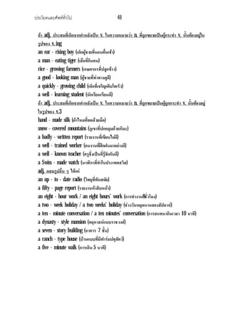 ประโยคและศัพททั่วไป 48
ถา adj. ประสมที่เกิดจากคําหลังเปน v. ในความหมายวา n. ที่ถูกขยายเปนผูกระทํา v. นั้นตองอยูใน
รูปของ v. ing
an ear - rising boy (เด็กผูชายที่นอนตื่นเชา)
a man - eating tiger (เสือที่กินคน)
rice - growing farmers (เกษตรกรที่ปลูกขาว)
a good - looking man (ผูชายที่ทาทางดูดี)
a quickly - growing child (เด็กที่เจริญเติบโตเร็ว)
a well - learning student (นักเรียนเรียนดี)
ถา adj. ประสมที่เกิดจากคําหลังเปน v. ในความหมายวา n. ที่ถูกขยายเปนผูถูกกระทํา v. นั้นตองอยู
ในรูปของ v.3
hand - made silk (ผาไหมที่ทอดวยมือ)
snow - covered mountains (ภูเขาที่ปกคลุมดวยหิมะ)
a badly - written report (รายงานที่เขียนไมดี)
a well - trained worker (คนงานที่ฝกฝนมาอยางดี)
a well - known teacher (ครูชึ่งเปนที่รูจักกันดี)
a Swiss - made watch (นาฬิกาที่ทําในประเทศสวิส)
adj. ผสมรูปอื่น ๆ ไดแก
an up - to - date radio (วิทยุที่ทันสมัย)
a fifty - page report (รายงานหาสิบหนา)
an eight - hour work / an eight hours’ work (การทํางาน8ชั่วโมง)
a two - week holiday / a two weeks’ holiday (ชวงวันหยุดนานสองสัปดาห)
a ten - minute conversation / a ten minutes’ conversation (การสนทนากินเวลา 10 นาที)
a dynasty - style mansion (คฤหาสนแบบราชวงศ)
a seven - story building (อาคาร 7 ชั้น)
a ranch - type house (บานแบบที่มีฟารมปศุสัตว)
a five - minute walk (การเดิน 5 นาที)
 