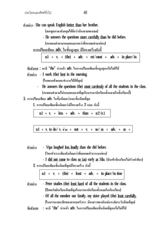 ประโยคและศัพททั่วไป 60
ตัวอยาง- She can speak English better than her brother.
(เธอพูดภาษาอังกฤษไดดีกวานองชายของเธอ)
- He answers the questions more carefully than he did before.
(เขาตอบคําถามรอบคอบมากกวาที่เขาเคยทํามากอน)
การเปรียบเทียบ adv. ในขั้นสูงสุด มีโครงสรางดังนี้
ขอสังเกต : จะมี “the” นําหนา adv. ในการเปรียบเทียบขั้นสูงสุดหรือไมก็ได
ตัวอยาง - I work (the) best in the morning.
(ในตอนเชาผมจะทํางานไดดีที่สุด)
- He answers the questions (the) most carelessly of all the students in the class.
(เขาตอบคําถามไมรอบคอบมากที่สุดในบรรดานักเรียนทั้งหลายในชั้นเรียนนี้)
3. การเปรียบเทียบ adv. ในขั้นนอยกวาและขั้นนอยที่สุด
1. การเปรียบเทียบขั้นนอยกวามีโครงสราง 2 แบบ ดังนี้
ตัวอยาง - Vipa laughed less loudly than she did before.
(วิพาหัวเราะเสียงดังนอยกวาที่เธอเคยหัวเราะมากอน)
- I did not come to class so (as) early as Sila. (ฉันเขาหองเรียนไมเร็วเทาศิลา)
2. การเปรียบเทียบขั้นนอยที่สุดมีโครงสราง ดังนี้
ตัวอยาง - Peter studies (the) least hard of all the students in the class.
(ปเตอรขยันเรียนนอยที่สุดในบรรดานักเรียนทั้งหมดในหองเรียน)
- Of all the member our family, my sister played (the) least carefully.
(ในบรรดาสมาชิกของครอบครัวเรา นองสาวของฉันเลนระมัดระวังนอยที่สุด)
ขอสังเกต : จะมี “the” นําหนา adv. ในการเปรียบเทียบขั้นนอยที่สุดหรือไมก็ได
n.1 + v. + (the) + adv. + est / most + adv. + in place / in
time
n.1 + v. + less + adv. + than + n.2 (v.)
n.1 + v. to do / v. ชวย + not + v. + so / as + adv. + as +
n.1 + v. + (the) + least + adv. + in place / in time
 