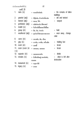 ประโยคและศัพททั่วไป 61
บทที่ 10
1. ruins (n.) = ซากปรักหักพัง = the remains of fallen
buildings
2. gnarled (adj.) = มีปุมปม, ผิวหนังเหี่ยวยน = old and twisted
3. twisted (adj.) = คดงอ, โคง = warped
4. prehistoric (adj.) = สมัยกอนประวัติศาสตร
5. tendril (n.) = กิ่งกานที่เลื้อยของไมเลื้อย
6. grasp (vt.) = ยึด, จับ, กําแนน = hold
7. weathered (adj.) = ผุกรอนไปตามสภาพอากาศ = wear away , change
color
8. carve (vt.) = แกะสลัก, ตัด, เฉือน
9. grip (n.) = การจับ, การยึด, เครื่องยึด = holding fast
10. crush (vt.) = บดขยี้ = break
11. crack (crack (vt.
/ vi.)
= แตกออก, แยกออก = break
12. separate (vt.) = แยกออกจากกัน = divide
13. remains (n.) = สิ่งที่เหลืออยู, ซากหักพัง,
ซากศพ
= what is left after
destruction
14. monument (n.) = อนุสาวรีย
15. legacy (n.) = มรดก
 
