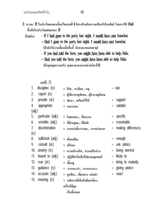 ประโยคและศัพททั่วไป 65
2. การละ If ในประโยคแสดงเงื่อนไขแบบที่4 (ตรงขามกับความเปนจริงในอดีต) โดยการใช Had
ขึ้นตนในประโยคยอยแทน If
ตัวอยาง - If I had gone to the party last night, I would have met Somchai.
= Had I gone to the party last night, I would have met Somchai.
(ถาฉันไปงานเลี้ยงเมื่อคืนนี้ ฉันคงจะพบสมชาย)
- If you had told the facts, you might have been able to help Nida.
= Had you told the facts, you might have been able to help Nida.
(ถาคุณพูดความจริง คุณคงจะสามารถชวยนิดาได)
บทที่ 11
1. discipline (n.) = วินัย , ระเบียบ , กฎ = rule
2. expert (n.) = ผูเชี่ยวชาญพิเศษ , ผูชํานาญพิเศษ
3. provide (vt.) = จัดหา, เตรียมไวให = support
4. appropriate
(adj.)
= เหมาะสม = suitable
5. particular (adj.) = โดยเฉพาะ, ที่เจาะจง = specific
6. sensible (adj.) = ที่มีเหตุผล , ที่มีสติ = reasonable
7. discrimination
(n.)
= การแบงชั้นวรรณะ , การแบงพวก = making differences
8. sufficient (adj.) = ที่พอเพียง = enough
9. consult (vt.) = ปรึกษา = ask advice
10. anxiety (n.) = ความกังวลใจ, ความเปนหวง = being worried
11. bound to (adj.) = ปฏิบัติหรือเปนไปตามกฎเกณฑ = likely to
12. rear (vt.) = เลี้ยงดู = bring to maturity
13. guidance (n.) = การแนะนํา, การแนะแนว = giving advice
14. accurate (adj.) = ถูกตอง , เที่ยงตรง แมนยํา = exact
15. mooring (n.) = หลักการที่เปนสิ่งยึดเหนี่ยว,
เครื่องใชผูก
เรือเมื่อจอด
 