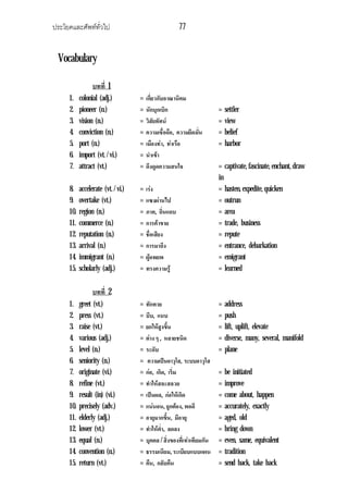 ประโยคและศัพททั่วไป 77
Vocabulary
บทที่ 1
1. colonial (adj.) = เกี่ยวกับอาณานิคม
2. pioneer (n.) = นักบุกเบิก = settler
3. vision (n.) = วิสัยทัศน = view
4. conviction (n.) = ความเชื่อถือ, ความยึดมั่น = belief
5. port (n.) = เมืองทา, ทาเรือ = harbor
6. import (vt. / vi.) = นําเขา
7. attract (vt.) = ดึงดูดความสนใจ = captivate, fascinate, enchant, draw
in
8. accelerate (vt. / vi.) = เรง = hasten, expedite, quicken
9. overtake (vt.) = แซงผานไป = outrun
10. region (n.) = ภาค, ถิ่นแถบ = area
11. commerce (n.) = การคาขาย = trade, business
12. reputation (n.) = ชื่อเสียง = repute
13. arrival (n.) = การมาถึง = entrance, debarkation
14. immigrant (n.) = ผูอพยพ = emigrant
15. scholarly (adj.) = ทรงความรู = learned
บทที่ 2
1. greet (vt.) = ทักทาย = address
2. press (vt.) = บีบ, แนบ = push
3. raise (vt.) = ยกใหสูงขึ้น = lift, uplift, elevate
4. various (adj.) = ตาง ๆ , หลายชนิด = diverse, many, several, manifold
5. level (n.) = ระดับ = plane
6. seniority (n.) = ความเปนอาวุโส, ระบบอาวุโส
7. originate (vi.) = กอ, เกิด, เริ่ม = be initiated
8. refine (vt.) = ทําใหสละสลวย = improve
9. result (in) (vi.) = เปนผล, กอใหเกิด = come about, happen
10. precisely (adv.) = แนนอน, ถูกตอง, พอดี = accurately, exactly
11. elderly (adj.) = อายุมากขึ้น, มีอายุ = aged, old
12. lower (vt.) = ทําใหต่ํา, ลดลง = bring down
13. equal (n.) = บุคคล / สิ่งของที่เทาเทียมกัน = even, same, equivalent
14. convention (n.) = ธรรมเนียม, ระเบียบแบบแผน = tradition
15. return (vt.) = คืน, กลับคืน = send back, take back
 