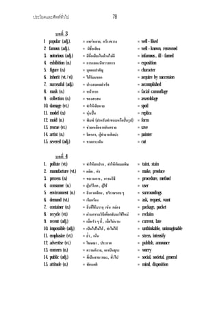 ประโยคและศัพททั่วไป 78
บทที่ 3
1 popular (adj.). = แพรหลาย, กวางขวาง = well – liked
2 famous (adj.). = มีชื่อเสียง = well – known, renowned
3. notorious (adj.) = มีชื่อเสียงในดานไมดี = infamous , ill – famed
4. exhibition (n.) = การแสดงนิทรรศการ = exposition
5. figure (n.) = บุคคลสําคัญ = character
6. inherit (vt. / vi) = ไดรับมรดก = acquire by succession
7. successful (adj.) = ประสบผลสําเร็จ = accomplished
8. mask (n.) = หนากาก = facial camouflage
9. collection (n.) = ของสะสม = assemblage
10. damage (vt.) = ทําใหเสียหาย = spoil
11. model (n.) = หุนปน = replica
12. mold (n.) = พิมพ (สําหรับทําขนมหรือปนรูป) = form
13. rescue (vt.) = ชวยเหลือจากอันตราย = save
14. artist (n.) = จิตรกร, ผูทํางานศิลปะ = painter
15. severed (adj.) = ขาดกระเด็น = cut
บทที่ 4
1. pollute (vt.) = ทําใหสกปรก , ทําใหเกิดมลพิษ = taint, stain
2. manufacture (vt.) = ผลิต , ทํา = make, produce
3. process (n.) = ขบวนการ , กรรมวิธี = procedure, method
4. consumer (n.) = ผูบริโภค , ผูใช = user
5. environment (n.) = สิ่งแวดลอม , บริเวณรอบ ๆ = surroundings
6. demand (vt.) = เรียกรอง = ask, request, want
7. container (n.) = สิ่งที่ใชบรรจุ เชน กลอง = package, packet
8. recycle (vt.) = ผานกรรมวิธีเพื่อกลับมาใชใหม = reclaim
9. recent (adj.) = เมื่อเร็ว ๆ นี้ , เมื่อไมนาน = current, late
10. impossible (adj.) = เปนไปไมได , ทําไมได = unthinkable, unimaginable
11. emphasize (vt.) = ย้ํา , เนน = stress, intensify
12. advertise (vt.) = โฆษณา , ประกาศ = publish, announce
13. concern (n.) = ความกังวล, เอาเปนธุระ = worry
14. public (adj.) = ที่เปนสาธารณะ, ทั่วไป = social, societal, general
15. attitude (n.) = ทัศนคติ = mind, disposition
 