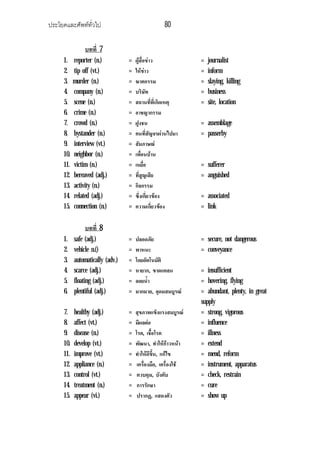 ประโยคและศัพททั่วไป 80
บทที่ 7
1. reporter (n.) = ผูสื่อขาว = journalist
2. tip off (vt.) = ใหขาว = inform
3. murder (n.) = ฆาตกรรม = slaying, killing
4. company (n.) = บริษัท = business
5. scene (n.) = สถานที่ที่เกิดเหตุ = site, location
6. crime (n.) = อาชญากรรม
7. crowd (n.) = ฝูงชน = assemblage
8. bystander (n.) = คนที่สัญจรผานไปมา = passerby
9. interview (vt.) = สัมภาษณ
10. neighbor (n.) = เพื่อนบาน
11. victim (n.) = เหยื่อ = sufferer
12. bereaved (adj.) = ที่สูญเสีย = anguished
13. activity (n.) = กิจกรรม
14. related (adj.) = ซึ่งเกี่ยวของ = associated
15. connection (n.) = ความเกี่ยวของ = link
บทที่ 8
1. safe (adj.) = ปลอดภัย = secure, not dangerous
2. vehicle n.() = พาหนะ = conveyance
3. automatically (adv.) = โดยอัตโนมัติ
4. scarce (adj.) = หายาก, ขาดแคลน = insufficient
5. floating (adj.) = ลอยน้ํา = hovering, flying
6. plentiful (adj.) = มากมาย, อุดมสมบูรณ = abundant, plenty, in great
supply
7. healthy (adj.) = สุขภาพแข็งแรงสมบูรณ = strong, vigorous
8. affect (vt.) = มีผลตอ = influence
9. disease (n.) = โรค, เชื้อโรค = illness
10. develop (vt.) = พัฒนา, ทําใหกาวหนา = extend
11. improve (vt.) = ทําใหดีขึ้น, แกไข = mend, reform
12. appliance (n.) = เครื่องมือ, เครื่องใช = instrument, apparatus
13. control (vt.) = ควบคุม, บังคับ = check, restrain
14. treatment (n.) = การรักษา = cure
15. appear (vi.) = ปรากฏ, แสดงตัว = show up
 