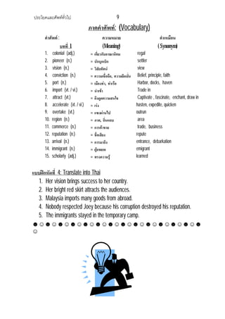 ประโยคและศัพททั่วไป 9
ภาคคําศัพท: (Vocabulary)
คําศัพท:
บทที่ 1
ความหมาย
(Meaning)
คําเหมือน
( Synonym)
1. colonial (adj.) = เกี่ยวกับอาณานิคม regal
2. pioneer (n.) = นักบุกเบิก settler
3. vision (n.) = วิสัยทัศน view
4. conviction (n.) = ความเชื่อถือ, ความยึดมั่น Belief, principle, faith
5. port (n.) = เมืองทา, ทาเรือ Harbor, docks, haven
6. import (vt. / vi.) = นําเขา Trade in
7. attract (vt.) = ดึงดูดความสนใจ Captivate , fascinate, enchant, draw in
8. accelerate (vt. / vi.) = เรง hasten, expedite, quicken
9. overtake (vt.) = แซงผานไป outrun
10. region (n.) = ภาค, ถิ่นแถบ area
11. commerce (n.) = การคาขาย trade, business
12. reputation (n.) = ชื่อเสียง repute
13. arrival (n.) = การมาถึง entrance, debarkation
14. immigrant (n.) = ผูอพยพ emigrant
15. scholarly (adj.) = ทรงความรู learned
แบบฝกหัดที่ 4: Translate into Thai
1. Her vision brings success to her country.
2. Her bright red skirt attracts the audiences.
3. Malaysia imports many goods from abroad.
4. Nobody respected Joey because his corruption destroyed his reputation.
5. The immigrants stayed in the temporary camp.
☻☺☻☺☻☺☻☺☻☺☻☺☻☺☻☺☻☺☻☺☻☺☻☺☻☺☻
☺
 