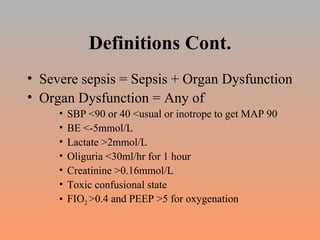 Definitions Cont. Severe sepsis = Sepsis + Organ Dysfunction Organ Dysfunction = Any of  SBP <90 or 40 <usual or inotrope to get MAP 90 BE <-5mmol/L Lactate >2mmol/L Oliguria <30ml/hr for 1 hour Creatinine >0.16mmol/L Toxic confusional state FIO 2  >0.4 and PEEP >5 for oxygenation 
