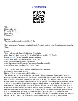 Gram Staining
Title
Elizabeth Huynh
November 16, 2014
Jason Atkins
Unknown #7
Purpose
The purpose of this study was to identify the
There are a group of tests used specifically to differentiate bacteria in the Enterobacteriaceae family.
These
Results
Table 1 Microscopic Data of Differential Gram Stain
Gram Stain (A) Gram–negative Cell Results (B) Gram–positive Cell Results
Before Staining Transparent Color Transparent Color
After Crystal Violet Stain Purple Color Purple Color
After Iodine Stain Purple Color Purple Color
After Decolorization with Alcohol Transparent Color Purple Color
After Safranin Stain Pink/Red Color Purple Color
Table 2 Physiological Tests Conducted to Identify Shigella flexneri
Biochemical Tests Results Symbol
Phenol ... Show more content on Helpwriting.net ...
The Bacteria A cells that were pink/red in color after the addition of the Safranin stain were the
Gram–negative cells. Gram–negative cells have higher lipid content in their walls; therefore they
lose the primary stain color after the decolorization step. After the Gram–negative cells were
counterstained with Safranin, they turned pink or red, whereas Gram–positive cells remained purple.
After the isolation of the Gram–negative bacteria, a variety of tests were performed to identify the
unknown bacterium as Shigella flexneri. Of the three Phenol Red broth tests, the PR Glucose broth
test was the only one whose results were positive as indicated by the change in broth color from red
to yellow and by the presence of bubbles in the tube. These results indicate that the bacterium was
able to ferment glucose with acid and gas end products. The bacterium was unable to ferment
sucrose or lactose as the broth in both tubes remained red and no bubbles were present. Just from the
Phenol Red broth results, the unknown bacterium could either be Salmonella typhimurium or
 