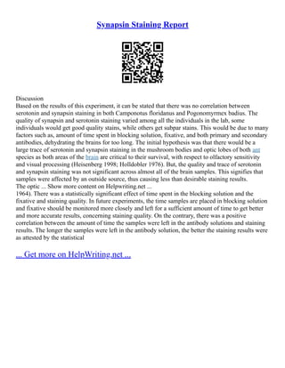 Synapsin Staining Report
Discussion
Based on the results of this experiment, it can be stated that there was no correlation between
serotonin and synapsin staining in both Camponotus floridanus and Pogonomyrmex badius. The
quality of synapsin and serotonin staining varied among all the individuals in the lab, some
individuals would get good quality stains, while others get subpar stains. This would be due to many
factors such as, amount of time spent in blocking solution, fixative, and both primary and secondary
antibodies, dehydrating the brains for too long. The initial hypothesis was that there would be a
large trace of serotonin and synapsin staining in the mushroom bodies and optic lobes of both ant
species as both areas of the brain are critical to their survival, with respect to olfactory sensitivity
and visual processing (Heisenberg 1998; Holldobler 1976). But, the quality and trace of serotonin
and synapsin staining was not significant across almost all of the brain samples. This signifies that
samples were affected by an outside source, thus causing less than desirable staining results.
The optic ... Show more content on Helpwriting.net ...
1964). There was a statistically significant effect of time spent in the blocking solution and the
fixative and staining quality. In future experiments, the time samples are placed in blocking solution
and fixative should be monitored more closely and left for a sufficient amount of time to get better
and more accurate results, concerning staining quality. On the contrary, there was a positive
correlation between the amount of time the samples were left in the antibody solutions and staining
results. The longer the samples were left in the antibody solution, the better the staining results were
as attested by the statistical
... Get more on HelpWriting.net ...
 