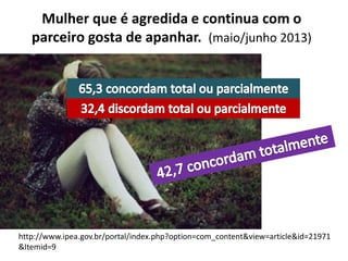 Mulher que é agredida e continua com o
parceiro gosta de apanhar. (maio/junho 2013)
http://www.ipea.gov.br/portal/index.php?option=com_content&view=article&id=21971
&Itemid=9
 