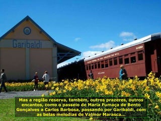 Mas a região reserva, também, outros prazeres, outros encantos, como o passeio de Maria Fumaça de Bento Gonçalves a Carlos Barbosa, passando por Garibaldi, com as belas melodias de Valmor Marasca... 