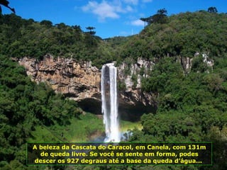 A beleza da Cascata do Caracol, em Canela, com 131m de queda livre. Se você se sente em forma, podes descer os 927 degraus até a base da queda d’água...  