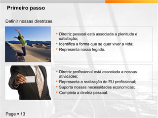 Primeiro passo
Definir nossas diretrizes
 Diretriz pessoal está associada a plenitude e
satisfação;
 Identifica a forma que se quer viver a vida;
 Representa nosso legado.

 Diretriz profissional está associada a nossas
atividades;
 Representa a realização do EU profissional;
 Suporta nossas necessidades economicas;
 Completa a diretriz pessoal.

Page  13

 