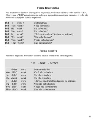 Forma Interrogativa
Para a construção de frases interrogativas no passado precisamos utilizar o verbo auxiliar "DID".
Observe que o "DID" estando presente na frase, a mesma já se encontra no passado, e o verbo não
precisa ser conjugado, ficando no presente

Did    I   work ?                 Eu trabalhei?
Did   You work?                   Você trabalhou?
Did   He work?                    Ele trabalhou?
Did   She work?                   Ela trabalhou?
Did   It   work?                  (Ele/ela) trabalhou? (coisas ou animais)
Did   We work?                    Nós trabalhamos?
Did   You work?                   Vocês trabalharam?
Did   They work?                  Eles trabalharam?
.

                                        Forma negativa
Nas frases negativas, precisamos utilizar o auxiliar contraído na forma negativa:


                              DID      + NOT      = DIDN'T

I    didn't       work            Eu não trabalhei
You didn't        work            Você não trabalhou
He didn't         work            Ele não trabalhou
She didn't        work            Ela não trabalhou
It   didn't       work            (Ele/ela) não trabalhou (coisas ou animais)
We didn't         work            Nós não trabalhamos
You didn't        work            Vocês não trabalharam
They didn't       work            Eles não trabalharam




                                                                                                    16
 