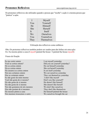 Pronomes Reflexivos                                          www.englishnews.hpg.com.br


Os pronomes reflexivos são utilizados quando a pessoa que "recebe" a ação é a mesma pessoa que
"pratica" a ação.

                              I             Myself
                            You            Yourself
                             He             Himself
                            She             Herself
                            It               Itself
                            We             Ourselves
                            You           Yourselves
                            They          Themselves

                             Utilização dos reflexivos como enfáticos

Obs: Os pronomes reflexivos também podem ser usados para dar ênfase em uma ação:
Ex: Eu mesmo pintei a casa (I myself painted the house / I painted the house myself)

Frases de fixação

Eu me cortei ontem                           I cut myself yesterday
Você se cortou ontem?                        Did you cut yourself yesterday?
Ele se cortou ontem                          He cut himself yesterday
Ela se cortou ontem                          She cut herself yesterday
Ele (neutro) se cortou ontem                 It cut itself yesterday
Nós nos cortamos ontem                       We cut ourselves yesterday
Eles se cortaram ontem                       They cut themselves yesterday
Eu não gosto de mim mesmo                     I don't like myself
Você não gosta de si mesmo?                  Don't you like yourself?
Ele não gosta de si mesmo                    He doesn't like himself
Ela não gosta de si mesma                    She doesn't like herself
Nós não gostamos de nós mesmos               We don't like ourselves
Eles não gostam de si mesmos                 They don't like themselves
Ele mesmo pintou a casa                      He himself painted the house
Nós mesmos trouxemos o carro                 We ourselves brought the car




                                                                                                 24
 