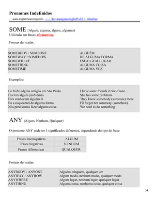 Pronomes Indefinidos
  www.englishnews.hpg.com. ../../../fulviopaginasenglish%22 l - whatlike



SOME (Algum, alguma, alguns, algumas)
Utilizado em frases afirmativas.

Formas derivadas:


SOMEBODY / SOMEONE                                       ALGUÉM
SOMEWAY / SOMEHOW                                        DE ALGUMA FORMA
SOMEWHERE                                                EM ALGUM LUGAR
SOMETHING                                                ALGUMA COISA
SOMETIME                                                 ALGUMA VEZ


Exemplos:


Eu tenho alguns amigos em São Paulo                      I have some friends in São Paulo
Ela tem alguns problemas                                 She has some problems
Eles conhecem alguém lá                                  They know somebody (someone) there
Eu a esquecerei de alguma forma                          I'll forget her someway (somehow)
Nós precisamos fazer alguma coisa                        We need to do something



ANY (Algum, Nenhum, Qualquer)
O pronome ANY pode ter 3 significados diferentes, dependendo do tipo de frase:

     Frases Interrogativas                  ALGUM
       Frases Negativas                     NENHUM
      Frases Afirmativas                  QUALQUER


Formas derivadas:

ANYBODY / ANYONE                        Alguém, ninguém, qualquer um
ANYWAY / ANYHOW                         Algum modo, nenhum modo, qualquer modo
ANYWHERE                                Algum lugar, nenhum lugar, qualquer lugar
ANYTHING                                Alguma coisa, nenhuma coisa, qualquer coisa
                                                                                              34
 