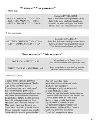 "Muito mais", "Um pouco mais"
1. Muito mais

                                                          Exemplo: INTELLIGENT
  MUCH + COMPARATIVO + THAN                       Peter is much more intelligent than Susan
   FAR + COMPARATIVO + THAN                        Peter is far more intelligent than Susan
  A LOT + COMPARATIVO + THAN                      Peter is a lot more intelligent than Susan
                                                    (Peter é muito mais inteligente que Susan)


2. Um pouco mais

                                                           Exemplo: INTELLIGENT
 A LITTLE + COMPARATIVO + THAN                    Peter is a little more intelligent than Susan
   A BIT + COMPARATIVO + THAN                      Peter is a bit more intelligent than Susan
                                                     (Peter é muito mais inteligente que Susan)



                    "Duas vezes mais", "Três vezes mais"

                                                          My car is twice as fast as yours
        TWICE AS + ADJETIVO + AS
                                                   (Meu carro é duas vezes mais rápido que o seu)

                                                    Your house is three times as big as mine
   THREE TIMES AS + ADJETIVO + AS
                                                      (Sua casa é três vezes maior que a minha)


Frases de Fixação

Ana não é mais velha do que Paula              Ana isn't older than Paula
Andrea é menos bonita do que Claudia           Andrea is less beautiful than Claudia
Aqui é mais quente do que lá                   It is hotter here than there
É mais barato ir de carro ou de trem?          Is it cheaper to go by car or by train?
Ele é tão inteligente quanto você?             Is he as intelligent as you?
Esta mala é um pouco mais pesada que a outra   This bag is a bit/a little heavier than the other one
Este carro é muito melhor que o mais velho     This car is much/a lot/far better than the older one
Eu gostaria de beber o mesmo que você          I would like to drink the same as you
Futebol é mais popular do que Tenis            Soccer is more popular than tennis
Meu carro é duas vezes mais caro que o seu     My car is twice as expensive as yours
Meu carro é mais caro do que o seu             My car is more expensive than yours
Nívea não é tão bonita quanto Carmem           Nívea isn't so (as) beautiful as Carmem
Nossos livros são piores do que os deles       Our books are worse than theirs
Tenis não é tão popular quanto futebol         Tennis isn't as popular as soccer


                                                                                                       42
 