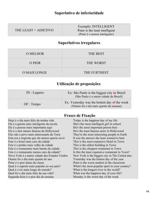 Superlativo de inferioridade


                                                        Exemplo: INTELLIGENT
     THE LEAST + ADJETIVO                               Peter is the least intelligent
                                                         (Peter é o menos inteligente)

                                      Superlativos irregulares

             O MELHOR                                            THE BEST

                O PIOR                                         THE WORST

          O MAIS LONGE                                       THE FURTHEST


                                     Utilização de preposições

              IN : Lugares                       Ex: São Paulo is the biggest city in Brazil
                                                      (São Paulo é a maior cidade do Brazil)
                                           Ex: Yesterday was the hottest day of the week
            OF : Tempo
                                                   (Ontem foi o dia mais quente da semana)


                                           Frases de Fixação
Hoje é o dia mais feliz da minha vida                Today is the happiest day of my life
Ela é a garota mais inteligente da escola            She's the most intelligent girl in school
Ele é a pessoa mais importante aqui                  He's the most important person here
Ele é o ator menos famoso de Hollywood               He's the least famous actor in Hollywood
Eles são o povo mais interessante da Terra           They're the most interesting people in Earth
Esta era a resposta que ela menos queria ouvir       It was the answer she least wanted to hear
Este é o hotel mais caro da cidade                   This is the most expensive Hotel in Town
Este é o prédio mais velho da cidade                 This is the oldest building in Town
Este é o restaurante mais barato da cidade           This is the cheapest restaurant in Town
Este é o restaurante menos caro da cidade?           Is this the least expensive restaurant in Town?
Nova York é a maior cidade dos Estados Unidos        New York is the biggest city in The United ates
Ontem foi o dia mais quente do ano                   Yesterday was the hottest day of the year
Peter é o pior aluno da classe                       Peter is the worst student in the classroom
Qual é o esporte mais popular no seu país?           What's the most popular sport in your country?
Qual é o rio mais longo do mundo?                    What is the longest river in the world?
Qual foi o dia mais feliz da sua vida?               What was the happiest day of your life?
Segunda-feira é o pior dia da semana                 Monday is the worst day of the week



                                                                                                       44
 