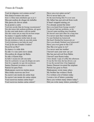 Frases de Fixação

Você já (alguma vez) comeu caviar?                 Have you ever eaten caviar?
Nós nunca tivemos um carro                         We've never had a car
Este é o filme mais entediante que eu já ví        It's the most boring film I've ever seen
Meu pai acabou de chegar do trabalho               My father has just arrived from work
Não parou de chover ainda                          It hasn't stopped raining yet
Eu já postei a carta                               I've already posted the letter
Você tem ouvido falar de George recentemente?      Have you heard from George recently?
Nós não temos tido nenhum problema, até agora      We haven't had any problems, so far
Eu não comí nada desde o café da manhã             I haven't eaten anything since breakfast
Nós não vemos um ao outro há um bom tempo          We haven't seen each other for a long time
Eu nunca ví aquela mulher antes                    I've never seen that woman before
Eu acabei de terminar minha lição de casa          I've just finished my homework
Ela não terminou a lição de casa dela ainda        She hasn't finished her homework yet
Você já terminou a sua lição de casa?              Have you already finished your homework?
Você já foi aos Estados Unidos?                    Have you ever gone to the US?
Ela já foi ao Rio?                                 Has She ever gone to rio?
Eu nunca ví a mãe dela                             I've never seen her mother
Eu não ví o seu carro novo ainda                   I haven't seen your new car yet
Ela acabou de chegar da Bahia                      She has just arrived from Bahia
Eu não ví Karen hoje                               I haven't seen Karen today
Eu bebí 3 xícaras de café esta tarde               I have drunk 3 cups of coffee this afternoon
Esta foi a primeira vez que ela dirigiu um carro   It was the first time she has driven a car
Esta foi a segunda vez que isto aconteceu          It was the second time it has happened
Santos Dumont inventou o avião                     Santos Dumont invented the airplane
Patrick foi para Paris                             Patrick has gone to Paris
Shakespeare escreveu muitas peças                  Shakespeare wrote many plays
Meu irmão escreveu um livro                        My brother has written a book
Eu escreví um monte de cartas hoje                 I've written a lot of letters today
Eu escreví um monte de cartas ontem                I wrote a lot of letters yesterday
Você escreveu muitas cartas hoje?                  Have you written many letters today?
Você escreveu muitas cartas ontem?                 Did you write many letters yesterday?




                                                                                                  56
 