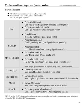 Verbos auxiliares especiais (modal verbs)                                    www.englishnews.hpg.com.br


Características:
    Não admitem o uso de auxiliares (do, did, will, would)
    Não admitem o uso de “to” junto a outros verbos
     Ex: Can you speak English?

                        •   Poder (habilidade)
                            Can you speak English? (Você sabe falar Inglês?)
                        •   Poder (permissão informal)
      CAN                   Can I go with you? (posso ir com você?)

                        • Possibilidade
                          It can be right (isso pode estar certo)
                        • Poder (condicional)
                          Could you help me? (você poderia me ajudar?)
    COULD               •   Poder (passado)
                            I could understand (eu consegui/pude entender)
                        •   Poder (Permissão)
                            May I help you? (Posso ajudá-lo?)
MAY / MIGHT
                        •   Poder (Probabilidade)
                            He may be busy today (Ele pode estar ocupado hoje)

                            OBS: “might” pode ser usado no lugar de “may”, mas é menos utilizado
                        • Deveria (conselho)
   SHOULD
                          You should go there (você deveria ir lá)
                        • Deveria (mais formal)
  OUGHT TO
                          You ought to go there tomorrow (você deveria ir lá amanhã)

     MUST               • Dever (Obrigação)
                          You must study more (Você deve estudar mais)
    SHALL               •   Poder (sugestão, oferecimento)
                            Shall I close the window? (Posso fechar a janela?
OBS: O verbo “CAN” não possui nem forma de futuro nem no Present Perfect, portanto, devemos substitui-lo
pelo verbo “TO BE ABLE TO” (ser capaz de)

                                                                                                           69
 