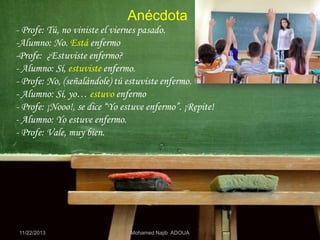Anécdota
- Profe: Tú, no viniste el viernes pasado.
-Alumno: No. Está enfermo
-Profe: ¿Estuviste enfermo?
- Alumno: Sí, estuviste enfermo.
- Profe: No, (señalándole) tú estuviste enfermo.
- Alumno: Sí, yo… estuvo enfermo
- Profe: ¡Nooo!, se dice “Yo estuve enfermo”. ¡Repite!
- Alumno: Yo estuve enfermo.
- Profe: Vale, muy bien.

11/22/2013

Mohamed Najib ADOUA

 