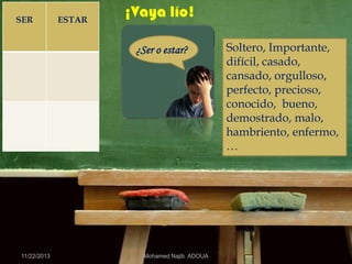 SER

ESTAR

¡Vaya lío!
¿Ser o estar?

11/22/2013

Mohamed Najib ADOUA

Soltero, Importante,
difícil, casado,
cansado, orgulloso,
perfecto, precioso,
conocido, bueno,
demostrado, malo,
hambriento, enfermo,
…

 