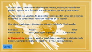 Se llama sílaba, a cada uno de los bloques sonoros, en los que se divide una 
palabra, y puede estar formada por: solo vocales o, vocales y consonantes. 
¿Puede tener solo vocales?. Si, porque las vocales pueden sonar por sí mismas, 
en cambio las consonantes, necesitan apoyarse en las vocales. 
Una sílaba puede tener: (Comienzo o ataque)+ (Núcleo)+ (Final o coda). 
Comienzo + Núcleo + Final 
Consonantes + Vocal, diptongo o triptongo + Consonantes 
La Sílaba Abierta termina en Vocal, y puede tener: (comienzo + núcleo) o, (solo 
núcleo). Ejemplo: (Consonante+Vocal) =y+ a = ya. Se pronuncia (ya). 
Volver 
 