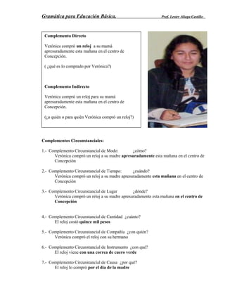 Gramática para Educación Básica. Prof. Lester Aliaga Castillo
Complementos Circunstanciales:
1.- Complemento Circunstancial de Modo: ¿cómo?
Verónica compró un reloj a su madre apresuradamente esta mañana en el centro de
Concepción
2.- Complemento Circunstancial de Tiempo: ¿cuándo?
Verónica compró un reloj a su madre apresuradamente esta mañana en el centro de
Concepción
3.- Complemento Circunstancial de Lugar ¿dónde?
Verónica compró un reloj a su madre apresuradamente esta mañana en el centro de
Concepción
4.- Complemento Circunstancial de Cantidad ¿cuánto?
El reloj costó quince mil pesos
5.- Complemento Circunstancial de Compañía ¿con quién?
Verónica compró el reloj con su hermano
6.- Complemento Circunstancial de Instrumento ¿con qué?
El reloj viene con una correa de cuero verde
7.- Complemento Circunstancial de Causa ¿por qué?
El reloj lo compró por el día de la madre
Complemento Directo
Verónica compró un reloj a su mamá
apresuradamente esta mañana en el centro de
Concepción.
( ¿qué es lo comprado por Verónica?)
Complemento Indirecto
Verónica compró un reloj para su mamá
apresuradamente esta mañana en el centro de
Concepción.
(¿a quién o para quién Verónica compró un reloj?)
 