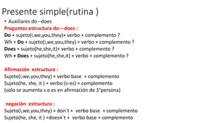 Presente simple(rutina )
• Auxiliares do –does
Preguntas estructura do – does :
Do + sujeto(i,we,you,they)+ verbo + complemento ?
Wh + Do + sujeto(i,we,you,they) + verbo + complemento ?
Does + sujeto(he,she,it)+ verbo + complemento ?
Wh + Does + sujeto(he,she,it) + verbo + complemento ?
Afirmación estructura :
Sujeto(i,we,you,they) + verbo base + complemento
Sujeto(he, she, it ) + verbo (s-es) + complemento
(solo se aumenta s o es en afirmación de 3°persona)
negación estructura :
Sujeto(i,we,you,they) + don´t + verbo base + complemento
Sujeto(he, she, it ) +doesn´t + verbo base + complemento
 