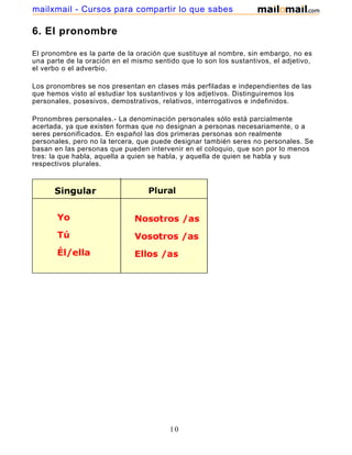 mailxmail - Cursos para compartir lo que sabes

6. El pronombre

El pronombre es la parte de la oración que sustituye al nombre, sin embargo, no es
una parte de la oración en el mismo sentido que lo son los sustantivos, el adjetivo,
el verbo o el adverbio.

Los pronombres se nos presentan en clases más perfiladas e independientes de las
que hemos visto al estudiar los sustantivos y los adjetivos. Distinguiremos los
personales, posesivos, demostrativos, relativos, interrogativos e indefinidos.

Pronombres personales.- La denominación personales sólo está parcialmente
acertada, ya que existen formas que no designan a personas necesariamente, o a
seres personificados. En español las dos primeras personas son realmente
personales, pero no la tercera, que puede designar también seres no personales. Se
basan en las personas que pueden intervenir en el coloquio, que son por lo menos
tres: la que habla, aquella a quien se habla, y aquella de quien se habla y sus
respectivos plurales.




                                         10
 