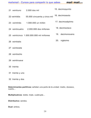mailxmail - Cursos para compartir lo que sabes


                                                    15. decimoquinto
21 veintiuno         2.000 dos mil

                                                    16. decimosexto
22 veintidós         55.000 cincuenta y cinco mil

                                                    17. decimoséptimo
23 veintitrés        1.000.000 un millón

                                                     18. decimoctavo
24 veinticuatro         2.000.000 dos millones

                                                     19.   decimonoveno
25 veinticinco 1.000.000.000 mil millones

                                                     20.   vigésimo
26 veintiséis


27 veintisiete


28 veintiocho


29 veintinueve


30 treinta


31 treinta y uno


32 treinta y dos



Determinantes partitivos: señalan una parte de la unidad: medio, doceavo,
cuarto...


Multiplicativos: doble, triple, cuádruple...


Distributivo: sendos.


Dual: ambos.

                                          20
 