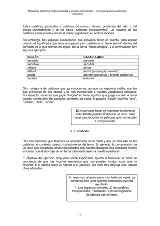 Manual de gramática inglesa aplicada a la lecto-comprensión – Descarga gratuita autorizada
Celia Nieto
10
Estas palabras, parecidas a palabras de nuestro idioma, provienen del latín o del
griego generalmente y se las llama “palabras transparentes”. La mayoría de las
palabras transparentes tienen el mismo significado en ambos idiomas.
Sin embargo, hay algunas excepciones que conviene tener en cuenta, para aplicar
cuando el significado que tiene una palabra en castellano no tiene sentido dentro del
contexto de lo que leemos en inglés. Se la llama “falsos amigos”, y a continuación hay
algunos ejemplos:
INGLÉS CASTELLANO
sensible sensato
sensitive sensible
relieve aliviar
attend asistir (a un lugar o evento)
assist atender (personas); brindar asistencia
injuries lesiones
Otra categoría de palabras que ya conocemos, aunque no sepamos inglés, son las
que provienen de ese idioma y se han incorporado a nuestro vocabulario cotidiano.
Por ejemplo, sabemos que jugar “singles” en tenis significa que juega un solo o único
jugador contra otro. En cualquier contexto, en inglés, la palabra “single” significa “uno”,
“unitario”, “solo”, “único”.
d. El contexto
Hay otro elemento que favorece la comprensión de un texto y que va más allá de las
palabras: el contexto, nuestro conocimiento del tema. En general, la comprensión de
un texto que desarrolla temas relacionados con nuestra disciplina nos demanda menos
esfuerzo que el abordaje de un tema totalmente ajeno a nuestro quehacer.
El objetivo del ejercicio propuesto sobre Hipócrates apuntó a favorecer la toma de
conciencia de que hay muchos elementos que nos pueden ayudar, cosa que no
ocurriría si el idioma fuera el hebreo o el japonés, por citar dos lenguas que utilizan
otros alfabetos.
En resumen, al acercarnos a un texto en inglés, ya
contamos con unos cuantos elementos que nos
ayudarán:
1) Los aspectos formales, 2) las palabras
transparentes, “prestadas” y los neologismos,
3) además del contexto.
Es importante tratar de mantener la mente lo
más abierta posible al abordar un texto, para
hacer asociaciones de palabras que nos ayuden
a comprenderlo.
 