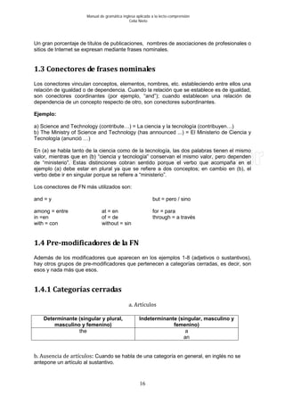 Manual de gramática inglesa aplicada a la lecto-comprensión
Celia Nieto
16
Un gran porcentaje de títulos de publicaciones, nombres de asociaciones de profesionales o
sitios de Internet se expresan mediante frases nominales.
1.3 Conectores de frases nominales
Los conectores vinculan conceptos, elementos, nombres, etc. estableciendo entre ellos una
relación de igualdad o de dependencia. Cuando la relación que se establece es de igualdad,
son conectores coordinantes (por ejemplo, “and”); cuando establecen una relación de
dependencia de un concepto respecto de otro, son conectores subordinantes.
Ejemplo:
a) Science and Technology (contribute…) = La ciencia y la tecnología (contribuyen…)
b) The Ministry of Science and Technology (has announced ...) = El Ministerio de Ciencia y
Tecnología (anunció …)
En (a) se habla tanto de la ciencia como de la tecnología, las dos palabras tienen el mismo
valor, mientras que en (b) “ciencia y tecnología” conservan el mismo valor, pero dependen
de “ministerio”. Estas distinciones cobran sentido porque el verbo que acompaña en el
ejemplo (a) debe estar en plural ya que se refiere a dos conceptos; en cambio en (b), el
verbo debe ir en singular porque se refiere a “ministerio”.
Los conectores de FN más utilizados son:
and = y but = pero / sino
among = entre at = en for = para
in =en of = de through = a través
with = con without = sin
1.4 Pre-modificadores de la FN
Además de los modificadores que aparecen en los ejemplos 1-8 (adjetivos o sustantivos),
hay otros grupos de pre-modificadores que pertenecen a categorías cerradas, es decir, son
esos y nada más que esos.
1.4.1 Categorías cerradas
a. Artículos
Determinante (singular y plural,
masculino y femenino)
Indeterminante (singular, masculino y
femenino)
the a
an
b. Ausencia de artículos: Cuando se habla de una categoría en general, en inglés no se
antepone un artículo al sustantivo.
 