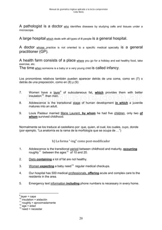 Manual de gramática inglesa aplicada a la lecto-comprensión
Celia Nieto
20
A pathologist is a doctor who identifies diseases by studying cells and tissues under a
microscope.
A large hospital which deals with all types of ill people is a general hospital.
A doctor whose practice is not oriented to a specific medical specialty is a general
practitioner (GP).
A health farm consists of a place where
The time
you go for a holiday and eat healthy food, take
exercise, etc.
when someone is a baby or a very young child is called infancy.
Los pronombres relativos también pueden aparecer detrás de una coma, como en (7) o
detrás de una preposición, como en (8) y (9):
7. Women have a layer9
of subcutaneous fat, which provides them with better
insulation10
than men.
8. Adolescence is the transitional stage of human development in which a juvenile
matures into an adult.
9. Louis Pasteur married Marie Laurent, by whom he had five children, only two of
whom survived childhood.
Normalmente se los traduce al castellano por: que, quien, el cual, los cuales, cuyo, donde
(por ejemplo, “La anatomía es la rama de la morfología que se ocupa de …”)
b) La forma “-ing” como post-modificador
1. Adolescence is the transitional period between childhood and maturity, occurring
roughly11
between the ages12
of 10 and 20.
2. Diets containing a lot of fat are not healthy.
3. Women expecting a baby need13
regular medical checkups.
4. Our hospital has 500 medical professionals, offering acute and complex care to the
residents in the area.
5. Emergency text information including phone numbers is necessary in every home.
9
layer = capa
10
insulation = aislación
11
roughly = aproximadamente
12
age = edad
13
need = necesitar
 