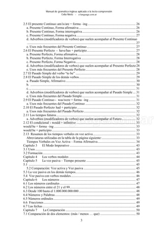 Manual de gramática inglesa aplicada a la lecto-comprensión
Celia Nieto - e-language.com.ar
3
2.5 El presente Continuo:am/is/are + forma –ing .......................................................... 26
a. Presente Continuo, Forma afirmativa..................................................................... 26
b. Presente Continuo, Forma interrogativa................................................................. 26
c. Presente Continuo, Forma negativa........................................................................ 27
d. Adverbios (modificadores de verbos) que suelen acompañar al Presente Continuo
.................................................................................................................................... 27
e. Usos más frecuentes del Presente Continuo ........................................................... 27
2.6 El Presente Perfecto - have/has + participio........................................................... 27
a. Presente Perfecto, Forma afirmativa....................................................................... 28
b. Presente Perfecto, Forma Interrogativa .................................................................. 28
c. Presente Perfecto, Forma Negativa......................................................................... 28
d. Adverbios (modificadores de verbos) que suelen acompañar al Presente Perfecto 28
e. Usos más frecuentes del Presente Perfecto............................................................. 28
2.7 El Pasado Simple del verbo “to be” ......................................................................... 29
2.8 El Pasado Simple de los demás verbos..................................................................... 29
a. Pasado Simple, Afirmativo..................................................................................... 30
b. ................................................................................................................................ 30
c. , ............................................................................................................................... 31
d. Adverbios (modificadores de verbos) que suelen acompañar al Pasado Simple ... 31
e. Usos más frecuentes del Pasado Simple................................................................. 31
2.9 El Pasado Continuo - was/were + forma –ing......................................................... 31
a. Usos más frecuentes del Pasado Continuo ............................................................. 32
2.10 El Pasado Perfecto had + participio ....................................................................... 32
a. Usos más frecuentes del Pasado Perfecto............................................................... 32
2.11 Los tiempos futuros ................................................................................................ 32
a. Adverbios (modificadores de verbos) que suelen acompañar al Futuro................. 32
2.12 El condicional - would + infinitive ........................................................................ 33
would be + forma –ing ................................................................................................... 33
would be + participio...................................................................................................... 33
2.13 Resumen de los tiempos verbales en voz activa.................................................... 33
Abreviaturas utilizadas en la tabla de la página siguiente:......................................... 33
Tiempos Verbales en Voz Activa – Forma Afirmativa.............................................. 34
Capítulo 3 El Modo Imperativo ................................................................................ 43
3.1 Usos .......................................................................................................................... 43
3.2 Formación................................................................................................................. 43
Capítulo 4 Los verbos modales ................................................................................. 44
Capítulo 5 La voz pasiva – Tiempo presente ............................................................ 45
5.1 .................................................................................................................................. 45
5.2 Comparación: Voz activa y Voz pasiva ............................................................... 45
5.3 La voz pasiva en los demás tiempos......................................................................... 46
5.4 Voz pasiva con verbos modales............................................................................... 46
Capítulo 6 Los números ............................................................................................ 47
6.1 Los números cardinales ............................................................................................ 47
6.2 Los números entre el 21 y el 99................................................................................ 48
6.3 Desde 100 hasta el 1.000.000.000.000..................................................................... 48
6.4 Números y Palabras.................................................................................................. 48
6.5 Números ordinales.................................................................................................... 49
6.6 Fracciones................................................................................................................ 49
6.7 Las fechas ................................................................................................................. 49
Capítulo 7 La Comparación ..................................................................................... 50
7.1 Comparación de dos elementos: (más / menos … que) ........................................... 50
 
