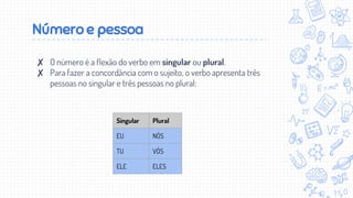 Número e pessoa
✘ O número é a flexão do verbo em singular ou plural.
✘ Para fazer a concordância com o sujeito, o verbo apresenta três
pessoas no singular e três pessoas no plural:
Singular Plural
EU NÓS
TU VÓS
ELE ELES
 