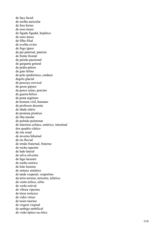 de face facial
de orelha auricular
de fera ferino
de osso ósseo
de fígado figadal, hepático
de ouro áureo
de filho filial
de ovelha ovino
de fogo ígneo
de pai paternal, paterno
de frente frontal
de paixão passional
de garganta gutural
de pedra pétreo
de gato felino
de pele epidérmico, cutâneo
degelo glacial
de pescoço cervical
de gesso gípseo
de porco suíno, porcino
de guerra bélico
de prata argênteo
de homem viril, humano
de professor docente
de idade etário
de proteína protéico
de ilha insular
de pulmão pulmonar
de intestino celíaco, entérico, intestinal
dos quadris ciático
de rim renal
de inverno hibernal
de rio fluvial
de irmão fraternal, fraterno
de rocha rupestre
de lado lateral
de selva silvestre
de lago lacustre
de sonho onírico
de leão leonino
de sintaxe sintático
de tarde vesperal, vespertino
da terra terreno, terrestre, telúrico
de vento eólico, eólio
de verão estival
de víbora viperino
de tórax torácico
de vidro vítreo
de touro taurino
de virgem virginal
de umbigo umbilical
de visão óptico ou ótico
114
 