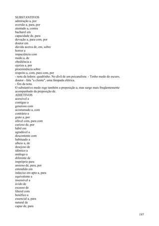 SUBSTANTIVOS
admiração a, por
aversão a, para, por
atentado a, contra
bacharel em
capacidade de, para
devoção a, para com, por
doutor em
dúvida acerca de, em, sobre
horror a
impaciência com
medo a, de
obediência a
ojeriza a, por
proeminência sobre
respeito a, com, para com, por
- nota da ledora: quadrinho. No divã de um psicanalista: - Tenho medo do escuro,
doutor - fala "a cliente", uma lâmpada elétrica.
- fim da nota.
O substantivo medo rege também a preposição a, mas surge mais freqüentemente
acompanhado da preposição de.
ADJETIVOS
acessível a
contíguo a
generoso com
acostumado a, com
contrário a
grato a, por
afável com, para com
curioso de, por
hábil em
agradável a
descontente com
habituado a
alheio a, de
desejoso de
idêntico a
análogo a
diferente de
impróprio para
ansioso de, para, por
entendido em
indeciso em apto a, para
equivalente a
insensível a
ávido de
escasso de
liberal com
benéfico a
essencial a, para
natural de
capaz de, para
197
 