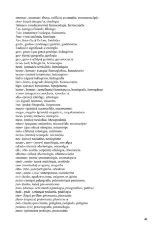estomat-, estomato- (boca, orifício) estomatite, estomatoscópio
etno- (raça) etnografia, etnologia
farmaco- (medicamento) farmacologia, farmacopéla
filo- (amigo) filósofo, filólogo
fisio- (natureza) fisiologia, fisionomia
fono- (voz) eufonia, fonologia
fos-, foto- (luz) fósforo, fotofobia
gastr-, gastro- (estômago) gastrite, gastrônomo
Radical e significado e exemplo
gen-, geno- (que gera) genótipo, hidrogênio
geo- (terra) geografia, geologia
ger-, gero- (velhice) geriatria, gerontocracia
helio- (sol) heliografia, helioscópio
hemi- (metade) hemisfério, hemistíquio
hemo-, hemato- (sangue) hemoglobina, hematócrito
hetero- (outro) heterônimo, heterogêneo
hidro- (água) hidrogênio, hidrografia
hier-, hiero- (sagrado) hieróglifo, hierosolimita
hipo- (cavalo) hipódromo, hipopótamo
homo-, homeo- (semelhante) homeopatia, homógrafo, homogêneo
icono- (imagem) iconoclasta, iconolatria
idio- (peixe) ictiófago, ictiologia
iso- (igual) isócrono, isósceles
lito- (pedra) litografia, litogravura
macro- (grande) macrocéfalo, macrocosmo
mega-, megalo- (grande) megatério, megalomaníaco
melo- (canto) melodia, melopéia
meio- (meio) mesóclise, Mesopotâmia
micro- (pequeno) micróbio, microcéfalo, microscópio
miso- (que odeia) misógino, misantropo
mito- (fábula) mitologia, mitômano
necro- (morto) necrópole, necrotério
neo- (novo) neolatino, neologismo
neuro-, nevr- (nervo) neurologia, nevralgia
odonto- (dente) odontologia, odontalgia
ofi-, oflo- (cobra, serpente) ofiologia, ofiomancia
oftalmo- (olho) oftalmologia, oftalmoscópio
onomato- (nome) onomatologia, onomatopéia
ornit-, omito- (ave) ornitologia, ornitóide
oro- (montanha) orogenia, orografia
orto- (reto, justo)ortografia, ortodoxo
oste-, osteo- (osso) osteoporose, osteodermo
oxi- (ácido, agudo) oxítona, oxígono, oxigênio
paleo- (antigo) paleografia, paleontologia panteismo,
pan- (todos, tudo) pan-americano
pato- (doença, sentimento) patologia, patogenético, patético
pedi-, pedo- (criança) pediatria, pedologia
piro- (fogo) pirólise, piromania, pirotecnia
pluto- (riqueza) plutomania, plutocracia
poli- (muito) policromia, poliglota, polígrafo, polígono
potamo- (rio) potamografia, potamologia
proto- (primeiro) protótipo, protozoário
48
 