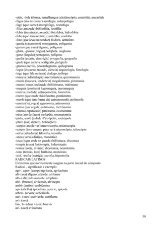 -eido, -óide (forma, semelhança) caleidoscópio, asteróide, aracnóide
-fagia (ato de comer) aerofagia, antropofagia
-fago (que come) antropófago, necrófago
-filia (amizade) bibliofilia, lusofília
-fobia (inimizade, aversão) fotofobia, hidrofobia
-fobo (que tem aversão) xenófobo, zoófobo
-foro (que leva ou conduz) fósforo, semaforo
-gamia (casamento) monogamia, poligamia
-gamo (que casa) bígamo, polígamo
-glota, -glossa (língua) poliglota, isoglossa
-gono (ângulo) pentagono, polígono
-grafia (escrita, descrição) ortografia, geografia
-grafo (que escreve) calígrafo, polígrafo
-grama (escrito, peso)telegrama, quilograma
-logia (discurso, tratado, ciência) arqueologia, fonologia
-logo (que fala ou trata) dialogo, teólogo
-mancia (adivinhação) necromancia, quiromancia
-mania (loucura, tendência) megalomania, piromania
-mano (louco, inclinado) bibliômano, mitômano
-maquia (combate) logomaquia, tauromaquia
-metria (medida) antropometria, biometria
-metro (que mede) hidrômetro, pentâmetro
-morfo (que tem forma de) antropomorfo, polimorfo
-nomia (lei, regra) agronomia, astronomia
-nomo (que regula) autônomo, metrônomo
-orama (espetáculo) panorama, cosmorama
-péia (ato de fazer) melopéia, onomatopéia
-pólis, -pole (cidade) Petrópolis, metrópole
-ptero (asa) díptero, helicóptero
-scopia (ato de ver) macroscopia, microscopia
-scópio (instrumento para ver) microscópio, telescópio
-sofia (sabedoria) filosofia, teosofia
-stico (verso) dístico, monóstico
-teca (lugar onde se guarda) biblioteca, discoteca
-terapia (cura) fisioterapia, hidroterapia
-tomia (corte, divisão) dicotomia, neurotomia
-tono (tensão, tom) barítono, monótono
-trof, -trofia (nutrição) atrofia, hipertrofia
RADICAIS LATINOS
Elementos que normalmente surgem na parte inicial do composto
Radical , significado e exemplo:
agri-, agro- (campo)agrícola, agricultura
ali- (asa) alígero, alípede, aliforme
alti- (alto) altissonante, altiplano
alvi- (branco) alviverde, alvinegro
ambi- (ambos) ambidestro
api- (abelha) apicultura, apiário, apícola
arbori- (arvore) arborícola
auri- (ouro) auriverde, auriflama
avi- (ave)
bis-, bi- (duas vezes) bisavô
avi- (ave) avicultura
50
 
