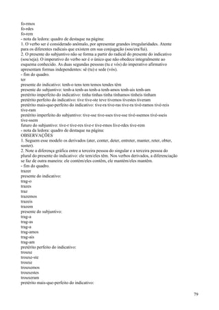 fo-rmos
fo-rdes
fo-rem
- nota da ledora: quadro de destaque na página:
1. O verbo ser é considerado anômalo, por apresentar grandes irregularidades. Atente
para os diferentes radicais que existem em sua conjugação (sou/era/fui).
2. O presente do subjuntivo não se forma a partir do radical do presente do indicativo
(sou/seja). O imperativo do verbo ser é o único que não obedece integralmente ao
esquema conhecido. As duas segundas pessoas (tu e vós) do imperativo afirmativo
apresentam formas independentes: sê (tu) e sede (vós).
- fim do quadro.
ter
presente do indicativo: tenh-o tens tem temos tendes têm
presente do subjuntivo: tenh-a tenh-as tenh-a tenh-amos tenh-ais tenh-am
pretérito imperfeito do indicativo: tinha tinhas tinha tínhamos tínheis tinham
pretérito perfeito do indicativo: tive tive-ste teve tivemos tivestes tiveram
pretérito mais-que-perfeito do indicativo: tive-ra tive-ras tive-ra tivé-ramos tivé-reis
tive-ram
pretérito imperfeito do subjuntivo: tive-sse tive-sses tive-sse tivé-ssemos tivé-sseis
tive-ssem
futuro do subjuntivo: tive-r tive-res tive-r tive-rmos Iive-rdes tive-rem
- nota da ledora: quadro de destaque na página:
OBSERVAÇÕES
1. Seguem esse modelo os derivados (ater, conter, deter, entreter, manter, reter, obter,
suster).
2. Note a diferença gráfica entre a terceira pessoa do singular e a terceira pessoa do
plural do presente do indicativo: ele tem/eles têm. Nos verbos derivados, a diferenciação
se faz de outra maneira: ele contém/eles contêm, ele mantém/eles mantêm.
- fim do quadro.
trazer
presente do indicativo:
trag-o
trazes
traz
trazemos
trazeis
trazem
presente do subjuntivo:
trag-a
trag-as
trag-a
trag-amos
trag-ais
trag-am
pretérito perfeito do indicativo:
trouxe
trouxe-ste
trouxe
trouxemos
trouxestes
trouxeram
pretérito mais-que-perfeito do indicativo:
79
 