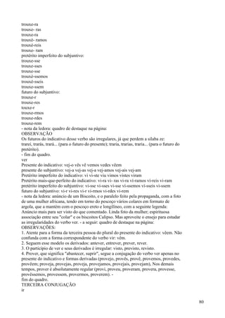 trouxe-ra
trouxe- ras
trouxe-ra
trouxé- ramos
trouxé-reis
trouxe- ram
pretérito imperfeito do subjuntivo:
trouxe-sse
trouxe-sses
trouxe-sse
trouxé-ssemos
trouxé-sseis
trouxe-ssem
futuro do subjuntivo:
trouxe-r
trouxe-res
touxe-r
trouxe-rmos
trouxe-rdes
trouxe-rem
- nota da ledora: quadro de destaque na página:
OBSERVAÇÃO
Os futuros do indicativo desse verbo são irregulares, já que perdem a sílaba ze:
trarei, trarás, trará... (para o futuro do presente); traria, trarias, traria... (para o futuro do
pretérito).
- fim do quadro.
ver
Presente do indicativo: vej-o vês vê vemos vedes vêem
presente do subjuntivo: vej-a vej-as vej-a vej-amos vej-ais vej-am
Pretérito imperfeito do indicativo: vi vi-ste viu vimos vistes viram
Pretérito mais-que-perfeito do indicativo: vi-ra vi- ras vi-ra ví-ramos ví-reis vi-ram
pretérito imperfeito do subjuntivo: vi-sse vi-sses vi-sse ví-ssemos ví-sseis vi-ssem
futuro do subjuntivo: vi-r vi-res vi-r vi-rmos vi-rdes vi-rem
- nota da ledora: anúncio de um Biscoito, e o paralelo feito pela propaganda, com a foto
de uma mulher africana, tendo em torno do pescoço vários colares em formato de
argola, que a mantém com o pescoço ereto e longilíneo, com a seguinte legenda:
Anúncio mais para ser visto do que comentado. Linda foto da mulher; espirituosa
associação entre seu "colar" e os biscoitos Calipso. Mas aproveite o ensejo para estudar
as irregularidades do verbo ver. - a seguir: quadro de destaque na página:
OBSERVAÇÕES:
1. Atente para a forma da terceira pessoa do plural do presente do indicativo: vêem. Não
confunda com a forma correspondente do verbo vir: vêm.
2. Seguem esse modelo os derivados: antever, entrever, prever, rever.
3. O particípio de ver e seus derivados é irregular: visto, previsto, revisto.
4. Prover, que significa "abastecer, suprir", segue a conjugação do verbo ver apenas no
presente do indicativo e formas derivadas (provejo, provês, provê, provemos, provedes,
provêem; proveja, provejas, proveja, provejamos, provejais, provejam), Nos demais
tempos, prover é absolutamente regular (provi, proveu, proveram, provera, provesse,
provêssemos, provessem, provermos, proverem). -
fim do quadro.
TERCEIRA CONJUGAÇÃO
ir
80
 