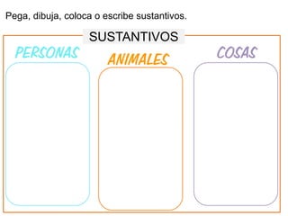 Pega, dibuja, coloca o escribe sustantivos.
SUSTANTIVOS
PERSONAS ANIMALES COSAS
 