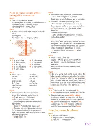 139
Plano da representação gráfica
e ortográfica — A escrita
Pág. 23
Iníciodeperíodo—A,Nesses.
Nomesdepessoas—Tung,Chen‑Mou,MissLu.
Nomesdelocais—Formosa,Macau.
Nomessagrados—Natal,Cristo.
Pág. 25
Acentoagudo—Júlio,José,pátio,encontrá‑lo,
estás.
Acentograve—Às.
Acentocircunflexo—Ângela,vê,três.

Pág. 31
()assinalamumainformaçãocomplementar.
«»assinalamumapalavrainventada.
[]assinalamumapartedotextoquefoisuprimida.
Ocoelhoeomacacoeramamigos,mas
estavamsempreaatazanar‑seumaooutro.
Omacacoviaocoelhoaolongeecomeçavalogo:
—Coelhodentudo,corpobarrigudo, rabo
develudo!
Ocoelhorespondia‑lhe:
—Olhaomacacomacacão,olhosdesabão,
miolosdealgodão!
[…]
Numaocasiãoemqueomacacoestavaadormir
numgalho,comacompridacaudadependurada,
ocoelhomuniu‑sedeumcaceteezás!Deu‑lhe
umapancadacomtodaaforçanacauda.
—Porquemefizesteisto,traidor!—gritava
omacaco.
Pág. 32
Itálico—VisãoJúnior;site.
Negrito—Mostraqueésbomaler;Mostra
queésbomaresumir;Mostraqueésbom
aescrever.
Sublinhado—Ainiciativadesenrolar‑se‑á
emtrêsfases.
Pág. 33
 Era uma velha muito velha, muito velha, tão
velhaquenãohaviavelhamaisvelhadoqueela.
 Um dia, estava a velha a ver televisão,
num aparelho também muito velho, quando
anunciaram que iam fazer um concurso para
proclamaravelhamaisvelhadomundo.
Pág. 35
a) Orestauranteficanamargemdorio.
b) Rio‑mesemprequemelembrodessahistória.
Omeupaideu‑nosum conselho:«viajem
omaisquepuderem,porquemaisvaleduas
viagensnamãoquecemavoar.Cadapasseio
trazconsigomuitasdelíciasparatodosnós.
Eu,assimquemesentonocarro,sonhoem
encontrarlindaspaisagensatodaahora»!
Plano das classes de palavras
Pág. 37
a) rato—nomecomum;
b) respostalivre—nomepróprio;
c) cardume—nomecoletivo.
Pág. 26
1) e) pré‑história; 6) d) pré‑escolar;
2) f) feijão‑verde; 7) b) pós‑venda;
3) i) riu‑se; 8) a) lavo‑me;
4) g) ex‑presidente; 9) c) escrever‑lhe.
5) h) abre‑latas;
Pág. 27
cas‑/ta‑/nha; fez‑/‑lhe;
cor‑/rer; te‑/lha‑/do;
lei‑/te; bai‑/xo;
arroz‑/‑doce; pul‑/so;
di‑/a‑/bo; cri‑/an‑/ça;
con‑/nos‑/co; aves‑/truz.
Ro‑/dri‑/go;
Pág. 29
Ontem,quandoatravessavaoRossio,
omeufilhomaisnovoperguntou‑me:
—Ópai,possosubiràsárvores?
—Estásdoido!—respondi‑lhe.
Quandochegámosacasa,omiúdovoltou
aperguntar:
—Eagora?Possoirbrincarparaarua?
—Poissim,vai,masnãosaiasdopasseio.
Daíamomentos,vimàjanelaparaespiar;
opequenotrepavacomdestrezaumcandeeiro
deiluminaçãopública.
—Ehpá!Descedaí!
1. V Â N I A
2. P A T R Í C I A
3. R Ú B E N
4. I N Ê S
5. T O M Á S
6. J O S É
7. L U Í S A
139557 137_144_Solucoes.indd 139 11/02/14 17:29
 