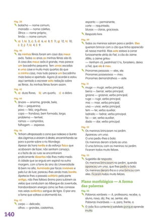 140
Pág. 38
bolacha—nomecomum;
manada—nomecoletivo;
África—nomepróprio;
limão—nomecomum.
a) 1;b) 3;c) 5;d) 6;e) 8;f) 11;g) 12;h) 10;
i) 2;j) 7;k) 4;l) 9.
Pág. 40
Asminhasfériasforamemcasadosmeus
avós.Todososanosasminhasfériassãolá.
Acasadosmeusavóségrande,masparece
umbocadinhopequena.Temumasescadas
eumacaveemuitomaisquartosdoque
a minhacasa,mastudopareceumbocadinho
maisbaixoeapertado.Agorajáacordeieestou
aquisentadoaescreverestaredaçãosobre
asférias.Asminhasfériasforamassim.
Pág. 42
a) duasflores; b) umquarto; c) odobro.
Pág. 44
árvore—enorme,grande,bela;
ilha—pequenina;
povo—feliz,orgulhoso;
copa—frondosa,bemformada,larga;
problema—terrível;
ramos—compridos;
folhagem—espessa.
Pág. 46
TinhamultrapassadoazonaquerodeavaaQuinta
dasLágrimaseviraramàdireita,encaminhando‑se
paraapontesobreorioMondego.
Apesardahoratardiaedoesforçofísicoque
acabavamdefazer,nãosentiamcansaço,
eofactodeasruasseencontrarem
praticamentedesertasnãolhesmetiamedo.
Acidadequeseerguiaemespiralnaoutra
margem,comatorredosinodaUniversidade
lábemnoalto,iluminadaporfocos invisíveise
pelaluzdoluar,pareceu‑lhesaindamaisbonita.
Apetecia‑lhesopasseiosolitáriopelaparte
antiga,nãolhesfaltavaânimoparasubiremas
vielasqueconduziamaoAlberguedaJuventude,
transbordavamenergiacomoselhescorresse
nasveiasautênticosanguedetigre.Opiorera
afomequevoltavaaatormentá‑los.
Pág. 47
corpo—delicado;
olhos—grandes,castanhos;
espanto—permanente;
corte—requintado;
blusas—claras,graciosas.
Respostalivre.
Pág. 49
Todososmeninossaíramparaojardim.Eles
queriambrincarcomocãoquetinhaaparecido
alinessamanhã.Masesteestavaacorrer
furiosamenteatrásdoFiel,ocãodoJaime.
Aflito,oJaimegritou:
—Venhamcá,pestinhas!Etu,forasteiro,deixa
oFiel,queeleémeu.
Pronomespessoais—eles,ele.
Pronomespossessivos—meu.
Pronomesdemonstrativos—este.
Pág. 51
muge—mugir,verboprincipal;
berra—berrar,verboprincipal;
grasna—grasnar,verboprincipal;
ruge—rugir,verboprincipal;
mia—miar,verboprincipal;
uiva—uivar,verboprincipal;
tem—ter,verboauxiliar;
ladrado—ladrar,verboprincipal;
foi—ser,verboauxiliar;
dada—dar,verboprincipal.
Pág. 52
Osmeninosbrincavamnojardim.
Apareceuumurso.
Oursopediu‑lhesabola.
Osmeninosderamabolaaourso.
Oursobrincoucomosmeninosnojardim.
Ficaramtodosmuitofelizes.
Pág. 53
Sugestãoderesposta:
Osmeninosbrincavamnojardim,quando
apareceuumurso,quelhespediuabola.
Osmeninosderam‑lhaeoursobrincoucom
eles.Ficaramtodosmuitofelizes.
Plano morfológico — A forma
das palavras
Pág. 55
Palavrasvariáveis—A,professora,recebe,o,
aluno,novo,diz,lhe,se,sentar,ela.
Palavrasinvariáveis—e,para,frente,a.
OJoãoficacontenteesatisfeitoporqueaprende
muito.
139557 137_144_Solucoes.indd 140 11/02/14 17:29
 