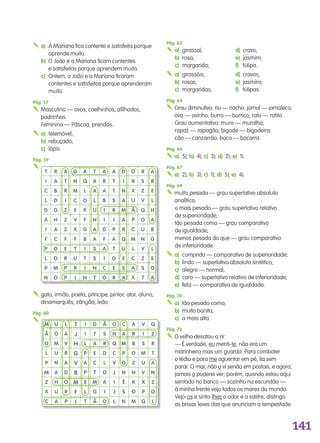 141
a) AMarianaficacontenteesatisfeitaporque
aprendemuito.
b) OJoãoeaMarianaficamcontentes
esatisfeitosporqueaprendemmuito.
c) Ontem,oJoãoeaMarianaficaram
contentesesatisfeitosporqueaprenderam
muito.
Pág. 57
Masculino—ovos,coelhinhos,afilhados,
padrinhos.
Feminino—Páscoa,prendas.
a) telemóvel;
b) rebuçado;
c) lápis.
Pág. 59

Pág. 62
a) girassol; d) cravo;
b) rosa; e) jasmim;
c) margarida; f) túlipa.
a) girassóis; d) cravos;
b) rosas; e) jasmins;
c) margaridas; f) túlipas.
Pág. 64
Graudiminutivo:rio—riacho;jornal—jornaleco;
ovo—ovinho;burro—burrico;rato—ratito.
Grauaumentativo:muro—muralha;
rapaz—rapagão;bigode—bigodeira;
cão—canzarrão;boca—bocarra.
Pág. 66
a) 5);b) 4);c) 3);d) 2);e) 1).
Pág. 67
a) 2);b) 3);c) 1);d) 5);e) 4).
Pág. 69
muitopesada—grausuperlativoabsoluto
analítico;
omaispesado—grausuperlativorelativo
desuperioridade;
tãopesadacomo—graucomparativo
deigualdade;
menospesadadoque—graucomparativo
deinferioridade.
a) comprido—comparativodesuperioridade;
b) lindo—superlativoabsolutosintético;
c) alegre—normal;
d) caro—superlativorelativodeinferioridade;
e) feliz—comparativodeigualdade.
Pág. 70
a) tãopesadocomo;
b) muitobonita;
c) amaisalta.
Pág. 73
Ovelhodesatouarir.
—Éverdade,eumenti‑te,nãoeraum
marinheiromasumguarda.Paracombater
otédioeparameaguentarempé,liasem
parar.Omar,nãoovisenãoempostais,eagora,
jamaisopodereiver;porém,quandoestouaqui
sentadonobanco—sozinhonaescuridão—
àminhafrentevejotodososmaresdomundo.
Vejo‑osesinto‑lhesoodoreasalitre,distingo
asbrisaslevesdasqueanunciamatempestade.
V
I
S
M
U
V
X
P
Q
M
Ã
O
L
P
M
Z
X
C
U
O
M
U
N
A
H
U
A
L
A
V
R
A
D
O
R
P
T
J
H
G
V
B
M
F
I
I
I
L
P
A
P
E
L
T
D
T
A
E
C
T
M
G
Ã
Ã
S
R
D
L
D
A
I
O
O
N
Q
C
V
J
I
J
L
C
A
M
P
O
N
Ê
S
N
A
R
B
O
Z
N
K
O
M
Q
Z
R
T
A
N
Z
O
L
D
I
N
A
M
A
R
Q
U
E
S
A
R
S
Z
V
Q
O
U
N
V
Z
S
T
T
I
C
L
D
A
I
F
P
L
P
N
R
A
B
D
G
H
A
C
O
O
M
O
A
T
R
I
Z
Z
Z
F
E
R
P
P
G
N
M
C
E
V
X
F
T
U
R
I
A
Q
L
O
P
F
G
B
I
T
I
N
T
A
A
L
U
N
A
A
S
S
N
T
A
R
A
B
I
I
D
F
A
I
C
O
A
T
T
S
R
I
P
A
T
O
E
R
O
R
X
U
Ã
P
C
M
L
C
A
X
A
B
E
L
H
A
B
G
L
E
O
A
gato,irmão,poeta,príncipe,pintor,ator,aluno,
dinamarquês,zângão,leão.
Pág. 60

139557 137_144_Solucoes.indd 141 11/02/14 17:29
 