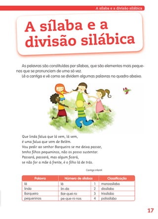 17
A sílaba e a divisão silábica
As palavras são constituídas por sílabas, que são elementos mais peque-
nos que se pronunciam de uma só vez.
Lê a cantiga e vê como se dividem algumas palavras no quadro abaixo.
A sílaba e a
divisão silábica
Que linda falua que lá vem, lá vem,
é uma falua que vem de Belém.
Vou pedir ao senhor Barqueiro se me deixa passar,
tenho ﬁlhos pequeninos, não os posso sustentar.
Passará, passará, mas algum ﬁcará,
se não for a mãe à frente, é o ﬁlho lá de trás.
Cantiga infantil
Número de sílabasPalavra
lá
linda
Barqueiro
pequeninos
1
2
3
4
lá
lin-da
Bar-quei-ro
pe-que-ni-nos
Classificação
monossílabo
dissílabo
trissílabo
polissílabo
139557 008-021_P1.indd 17 11/02/14 17:22
 