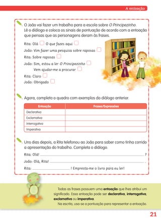 21
O João vai fazer um trabalho para a escola sobre O Principezinho.
Lê o diálogo e coloca os sinais de pontuação de acordo com a entoação
que pensas que as personagens deram às frases.
Agora, completa o quadro com exemplos do diálogo anterior.
Uns dias depois, a Rita telefonou ao João para saber como tinha corrido
a apresentação do trabalho. Completa o diálogo.
Rita: Olá! ?
João: Olá, Rita! .
Rita: ! Empresta-me o livro para eu ler!
A entoação
Frases/Expressões
Declarativa
Interrogativa
Imperativa
Exclamativa
Todas as frases possuem uma entoação que lhes atribui um
significado. Essa entoação pode ser declarativa, interrogativa,
exclamativa ou imperativa.
Na escrita, usa-se a pontuação para representar a entoação.
Rita: Olá O que fazes aqui
João: Vim fazer uma pesquisa sobre raposas
Rita: Sobre raposas
João: Sim, estou a ler O Principezinho
Vem ajudar-me a procurar
Rita: Claro
João: Obrigado
Entoação
139557 008-021_P1.indd 21 11/02/14 17:22
 